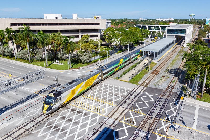 Brightline private inter-city rail train at Fort Lauderdale railway station in Florida, United States