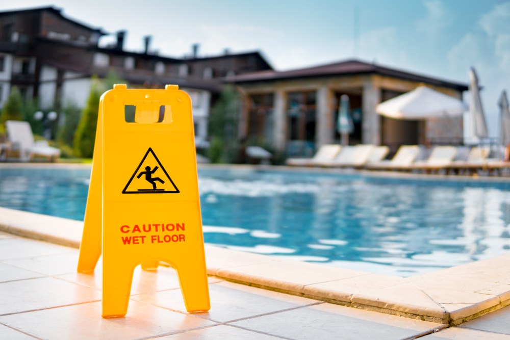 A hotel swimming pool with a wet floor hazard sign at the edge of the pool.