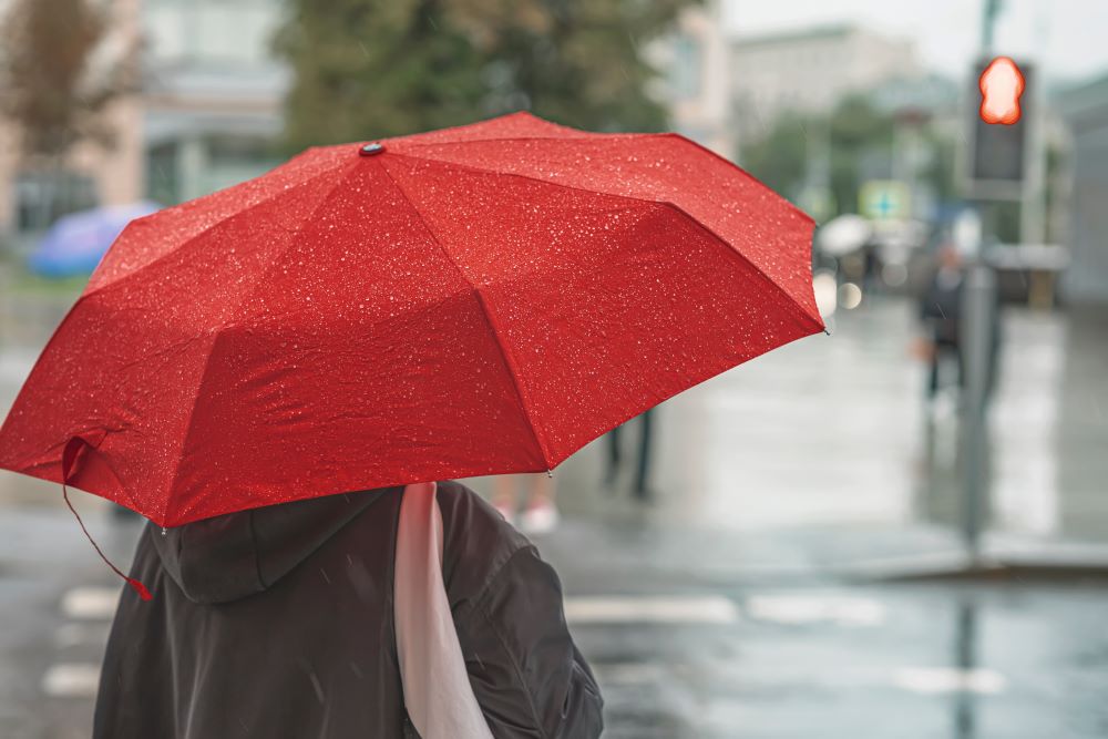 A woman walking across the street holding an umbrella.